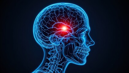 Glowing blue human brain with red stroke highlight