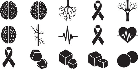 Medical and health icons in black and white