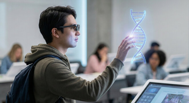 Side profile of a student wearing sleek AR glasses touching a floating 3D hologram of a DNA helix, classroom background - Powered by Adobe