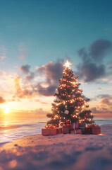 Decorated Christmas tree with colorful lights and gifts on the beach with palms, sea and sunset in the background. Concept of Christmas travel.