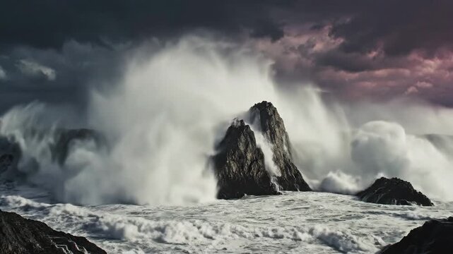 Violent storm waves crash against dark, rugged rock formations on a tumultuous sea.