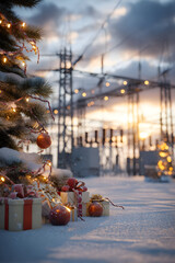 Christmas tree with gifts, electricity substation in background. Concept of electricity provision and supply during Christmas time. Blending festive warmth with industrial electricity infrastructure.