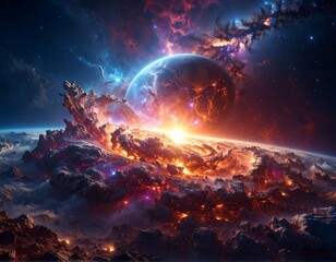 Cosmic explosion showcases a planet engulfed in fiery nebulae