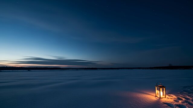 Winter night landscape with a glowing lantern on a frozen lake under a dark blue sky.