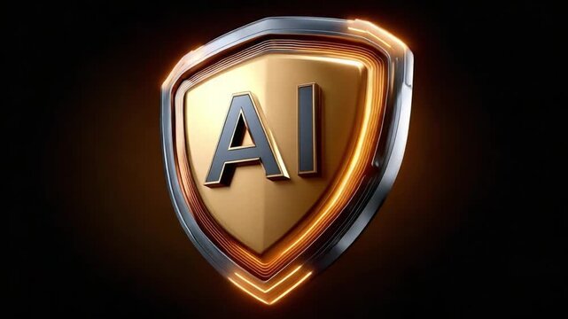 AI Shield: A gleaming shield bears the initials AI with an aura of golden security, a symbol of protection in the digital landscape. It represents intelligence and innovation.