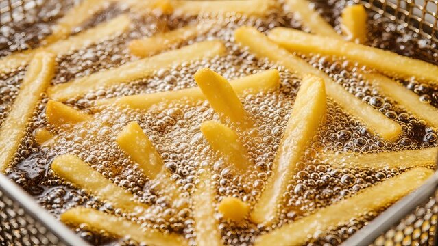 Golden french fries frying in oil