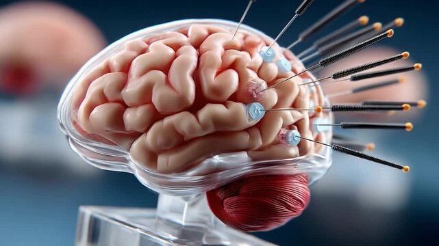 Mind and Machine: An intriguing close-up of a human brain model, interjected with metal pins, symbolizing scientific and technological exploration of the human mind.