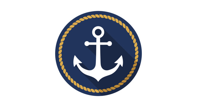 nautical anchor logo icon in flat design white anchor in blue circle with golden rope border ideal for marine branding and badges