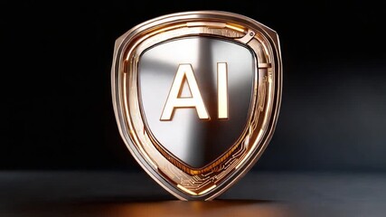 AI Shield Emblem: A gleaming shield bearing the bold initials AI, symbolizing the protective force of Artificial Intelligence in a high-tech era, reflecting the integration of innovation, security.