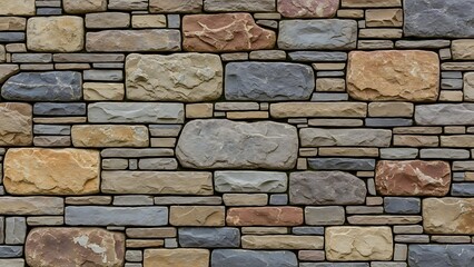 Fototapeta premium Close-up of a stacked stone wall with varied brown, gray, and tan stones against a white background.