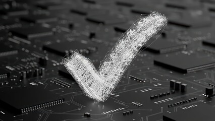 Digital Check Mark Symbol on Futuristic Circuit Board Technology Background.