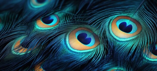 Close-up of iridescent peacock feathers with vibrant eye patterns, mesmerizing and luxurious