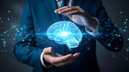 Businessman holding a glowing digital brain connected to a global network of data points