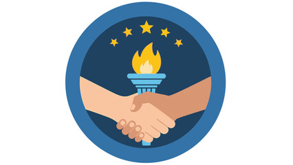 Handshake symbolizing partnership and unity with torch and stars representing guidance and excellence in business collaboration