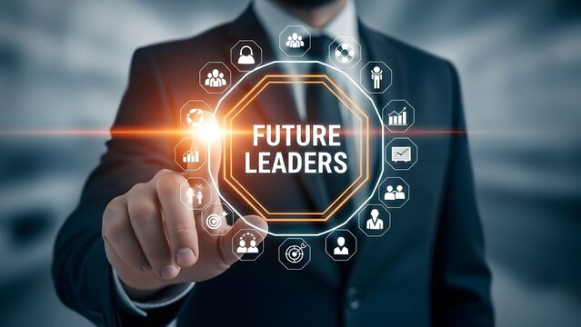 Businessman touching a digital screen highlighting elements of future leadership and success
