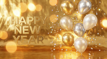 Happy New Year 2026 with Golden Balloons and Sparkles