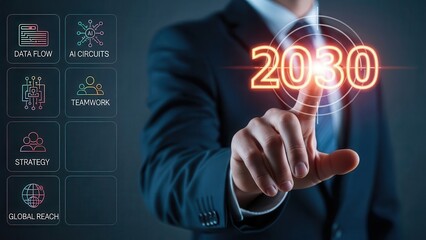 Businessman touching glowing 2030 year, symbolizing future technology and business goals.