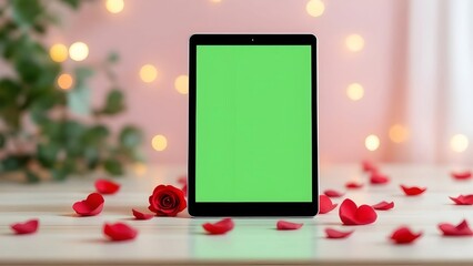 Valentine&rsquo;s Day Tablet Mockup with Green Screen, Romantic Roses and Candle Background