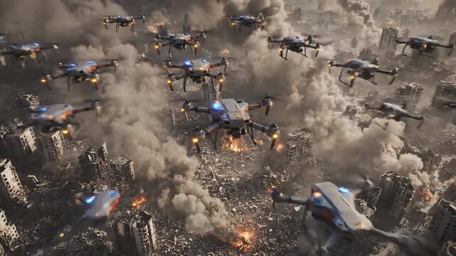Advanced drone swarm forms a communication relay over a ruined city, showcasing future rescue operations and surveillance capabilities
