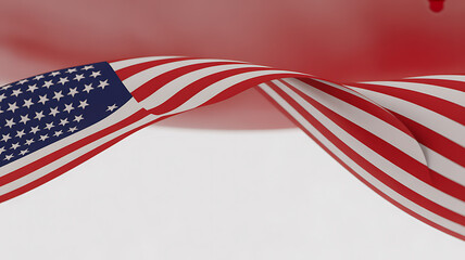 American flag waving in a stylized, flowing motion against a red and white background