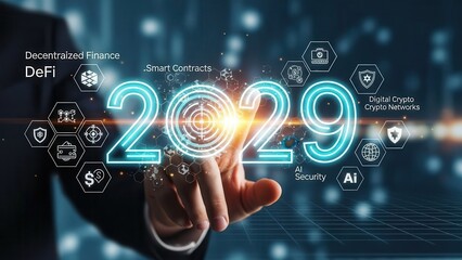Hand touching futuristic 2029 hologram with DeFi, AI, and crypto network icons