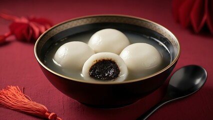 Tang Yuan Ginger Soup with Sesame Filling in Black Bowl, Chinese Festival Dessert on Red Background
