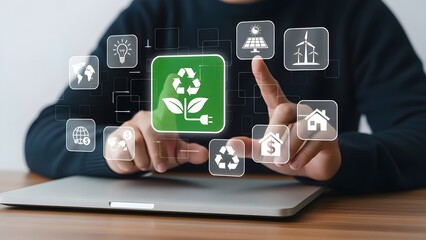 Businessman interacting with digital icons representing global sustainability and green energy