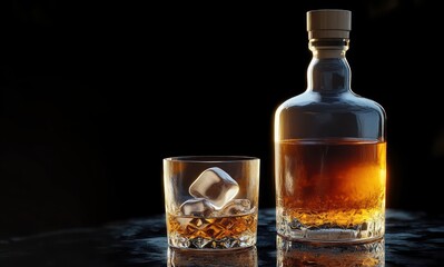 decanter of amber whiskey and tumbler with ice on a reflective surface, warm moody inviting evening atmosphere