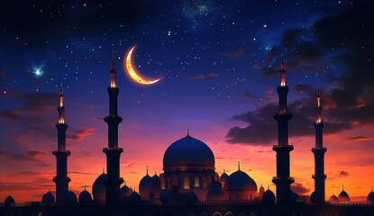 silhouetted mosque with multiple minarets and domes under a glowing crescent moon and starry twilight sky, warm sunset hues and a peaceful contemplative mood