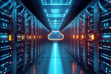Glowing neon cloud icon hovering at the end of a long illuminated server room corridor flanked by rows of lit server racks, sleek futuristic high-tech atmosphere