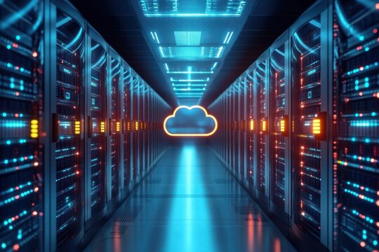 Glowing neon cloud icon hovering at the end of a long illuminated server room corridor flanked by rows of lit server racks, sleek futuristic high-tech atmosphere
