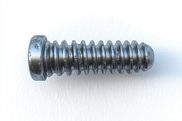 worn metal screw with coarse threads and rounded tip on white textured background conveying a rugged utilitarian feel