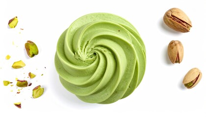 Swirl of fresh pistachio cream and nuts on a white background