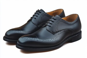 elegant pair of black leather brogue dress shoes with perforated wingtip detail and tan lining, polished lace-up oxfords exuding refined and sophisticated style