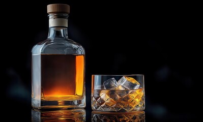 square glass bottle with wooden stopper and amber liquor beside a crystal tumbler filled with ice cubes on a reflective surface, warm moody and elegant atmosphere