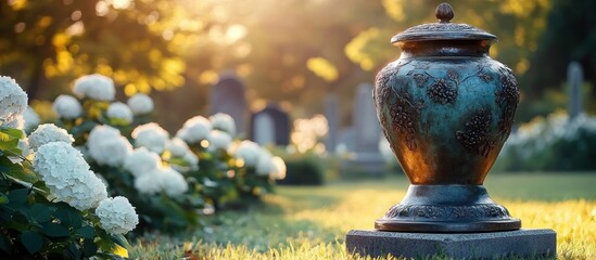 Bronze memorial urn beside white hydrangea blooms and sunlit gravestones in a peaceful cemetery at golden hour, evoking quiet remembrance and serenity