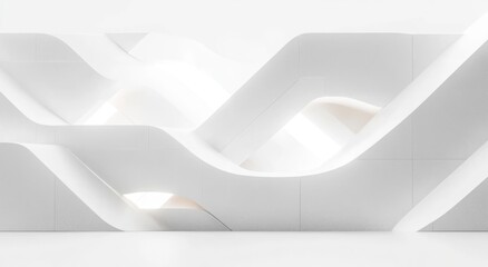 Minimal white interior with flowing curved walls, wave-like passages and recessed glowing niches, soft ambient light and smooth surfaces evoking calm futuristic serenity