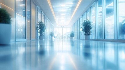Bright modern glass hallway with polished reflective floor, potted plants, floor-to-ceiling windows and serene natural light