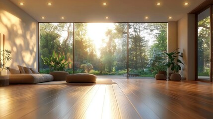 Sunlit minimalist living room with floor-to-ceiling glass overlooking lush forest, low cushions and poufs on warm wooden floor, indoor plants and recessed lights, calm and serene atmosphere