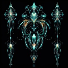 Ethereal teal and gold glowing filigree: central ornate floral flourish flanked by two tall symmetrical filigree ornaments on a black background, elegant and serene