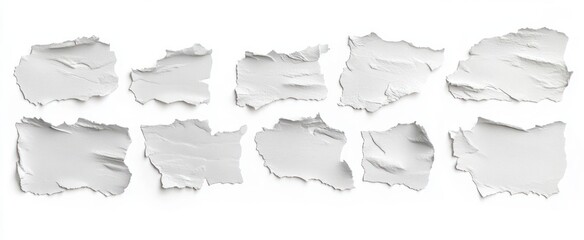 Ten torn white paper pieces with textured jagged edges casting soft shadows on a white background, minimalist clean composition evoking calm and simplicity