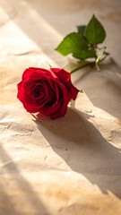 Single red rose casting soft shadow background