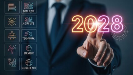 Businessman's hand touching a glowing virtual screen displaying '2028' alongside futuristic business icons for data flow, AI, teamwork,