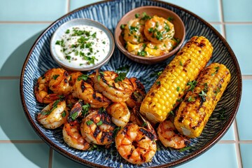 grilled shrimp and charred corn on the cob with two dipping sauces on a blue patterned plate, garnished with chopped parsley, a mouthwatering summer barbecue feast