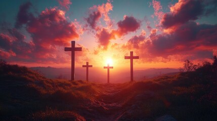 Four wooden crosses on a grassy hill at sunset with a glowing dramatic sky, winding path and distant mountains evoking solemn, hopeful reverence