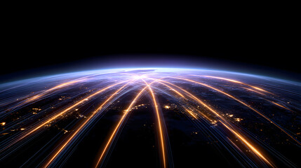 Global Network Illumination: Abstract digital rendering showing the Earth enveloped by an intricate network of interconnected glowing lines representing global digital connectivity and data transfer.