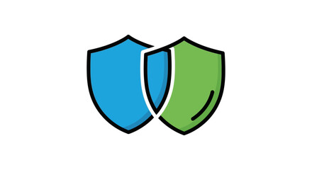 overlapping blue and green shield icons on white background minimalist security and protection symbol for cybersecurity branding design