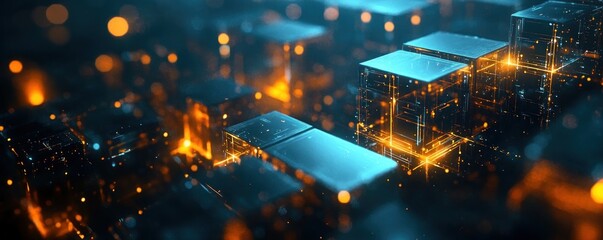Glowing glass and metallic cubes linked by pulsing orange lights and cool blue reflections, a futuristic abstract grid evoking energy, depth, and a mysterious high-tech atmosphere