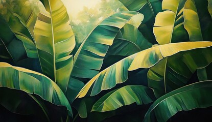 Close-up of overlapping sunlit tropical banana leaves with deep green layers, textured veins and a tranquil, lush atmosphere