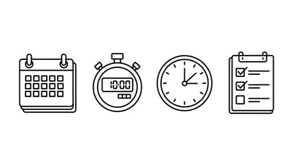 Essential business planning icons including calendar stopwatch analog clock and checklist outline symbols